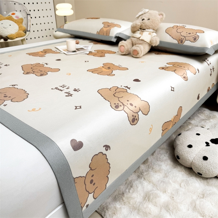 91家纺网 家纺一手货源 找家纺 雯豆2025夏季新品冰藤印花凉席三件套平铺绑带款冰丝凉席三件套 冰藤席-绑带款-阳光狗