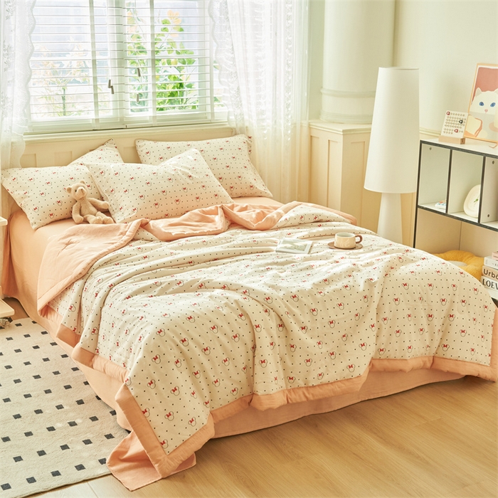 91家纺网 家纺一手货源 找家纺 金鹰 2025新款A类纯棉双层纱大豆夏被四件套全棉夏凉被空调被 爱心熊