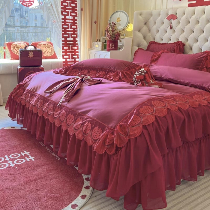 91家纺网 家纺一手货源 找家纺 （总）亲亲公主 2025新款100S全棉长绒棉蕾丝双喜大红婚庆套件（送蝴蝶结）