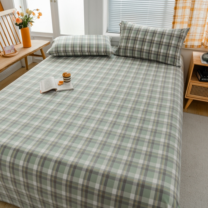 91家纺网 家纺一手货源 找家纺 柠萌家居 2025新款A类全棉色织水洗棉单床笠 遇见绿格