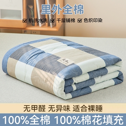 2025新款A类纯棉水洗棉色织棉花夏被四件套全棉空调被夏凉被 蓝大格