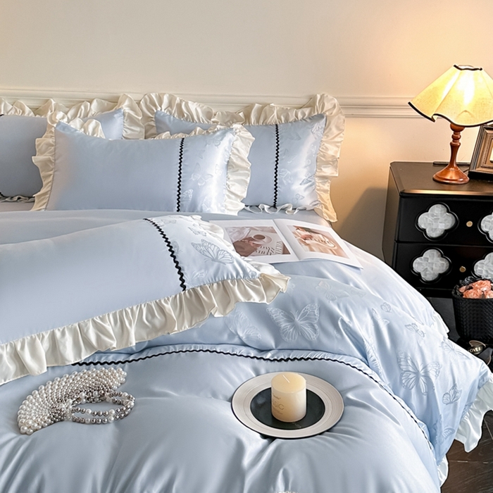 91家纺网 家纺一手货源 找家纺 米彩家纺 2025新款A类水洗真丝亮光浮雕花边四件套 天兰