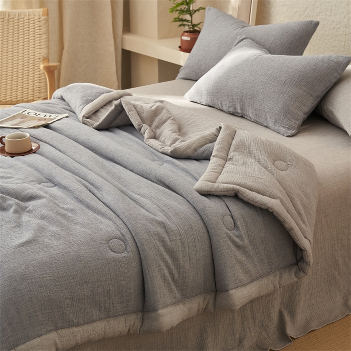 91家纺网 家纺一手货源 找家纺 金鹰2025新款A类纯棉皱皱纱大豆夏被四件套全棉夏凉被空调被 皱皱纱-复古蓝