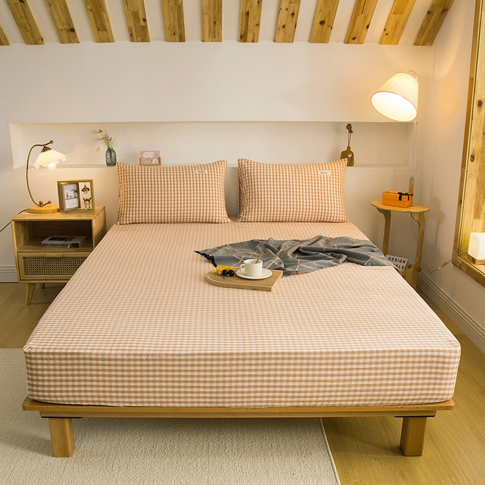 91家纺网 家纺一手货源 找家纺 柠萌家居 2025新款A类全棉色织水洗棉单床笠 蜜粉小格