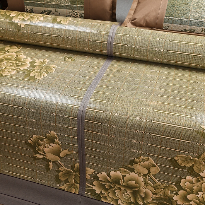 91家纺网 家纺一手货源 找家纺 苏迪凉席竹席2025新款竹席凉席冰丝席碳化双面印花藤草席 富贵花开-浅绿