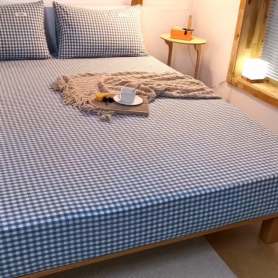 91家纺网 家纺一手货源 找家纺 柠萌家居 2025新款A类全棉色织水洗棉单床笠 浅蓝小格