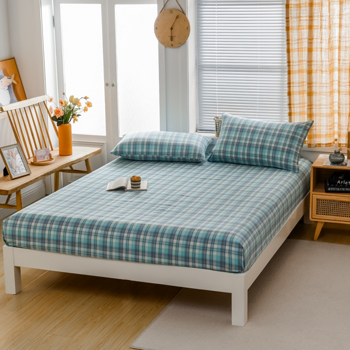 91家纺网 家纺一手货源 找家纺 柠萌家居 2025新款A类全棉色织水洗棉单床笠 简爱绿格