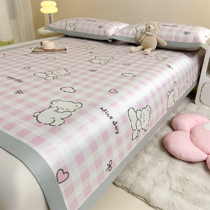 雯豆2025夏季新品冰藤印花凉席三件套平铺绑带款冰丝凉席三件套 冰藤席-绑带款-格子小熊