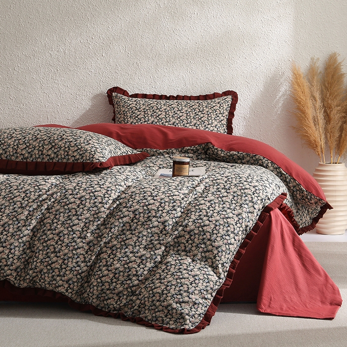 91家纺网 家纺一手货源 找家纺 2025新款A类纯棉双层纱皱皱纱花边四件套（复古风） 虞美人