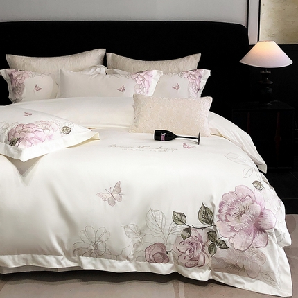 91家纺网 家纺一手货源 找家纺 2025新款高支高密全棉50s长绒棉绣花刺绣款纯棉四件套高端简奢直播礼盒装