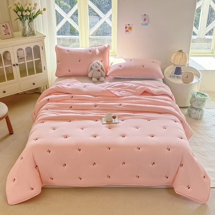 91家纺网 家纺一手货源 找家纺 萌飞 2025新款A类亲肤大豆棉刺绣床垫床褥学生床垫夏被 樱桃粉