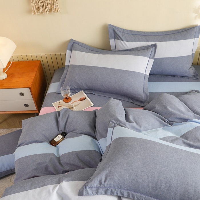 91家纺网 家纺一手货源 找家纺 木易家居 2025新款全棉色织水洗棉四件套海伦-蓝