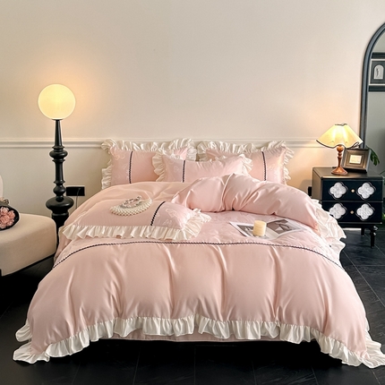 91家纺网 家纺一手货源 找家纺 米彩家纺 2025新款A类水洗真丝亮光浮雕花边四件套 粉香槟