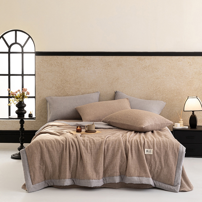 91家纺网 家纺一手货源 找家纺 吾诺 2025 纯色全棉泡泡双层纱夏被大豆夏被子被芯夏被四件套夏凉被空调被 奶茶棕