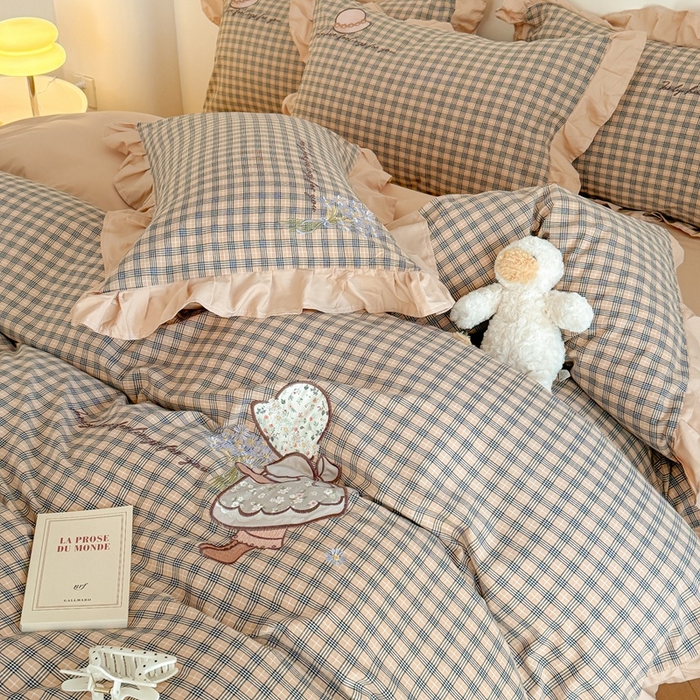 91家纺网 家纺一手货源 找家纺 蜜柚 2025新款色织水洗棉贴布花边款四件套-童趣 童趣-卡其