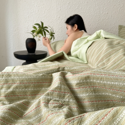 吾诺 2025 全棉色织提花水洗棉大豆夏被子被芯全棉夏被四件套夏凉被空调被 摩卡绿