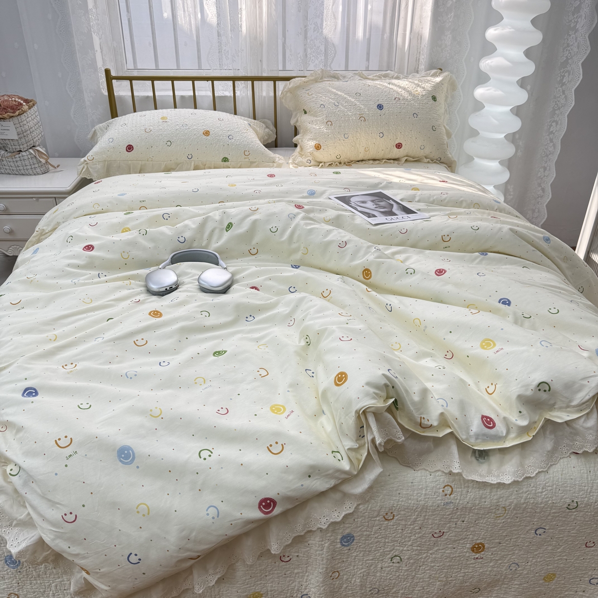 91家纺网 家纺一手货源 找家纺 暖居 2025春夏款高温砂洗棉花床盖三件套被套四件套同款纯棉夏被空调被四季爱心笑脸