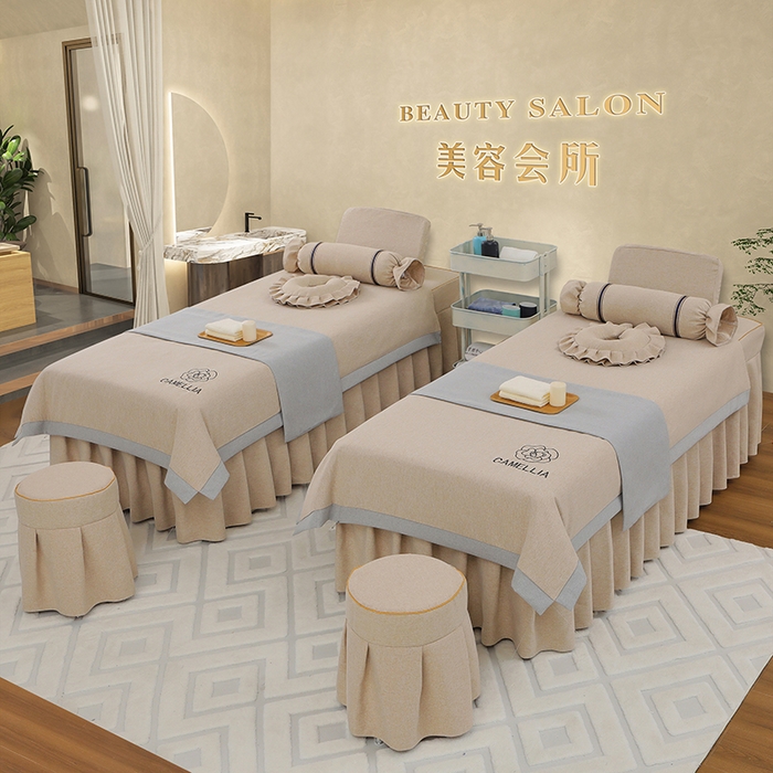 91家纺网 家纺一手货源 找家纺 芙怡 2025春夏新款8026款棉麻绒美容床罩四件套-山茶花系列 山茶花-米黄