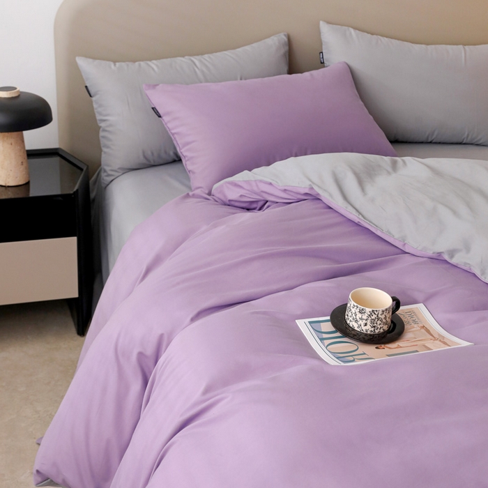 91家纺网 家纺一手货源 找家纺 2025年纯色双拼60支纯棉被套 丁香紫+浅灰