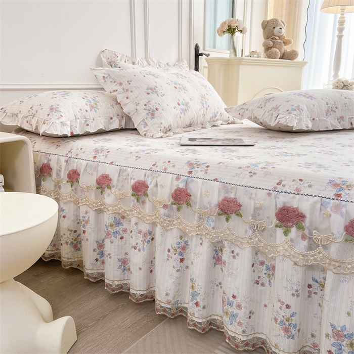 91家纺网 家纺一手货源 找家纺  十个点 2025新款全棉纯棉蕾丝花边床裙 淡雅如梦