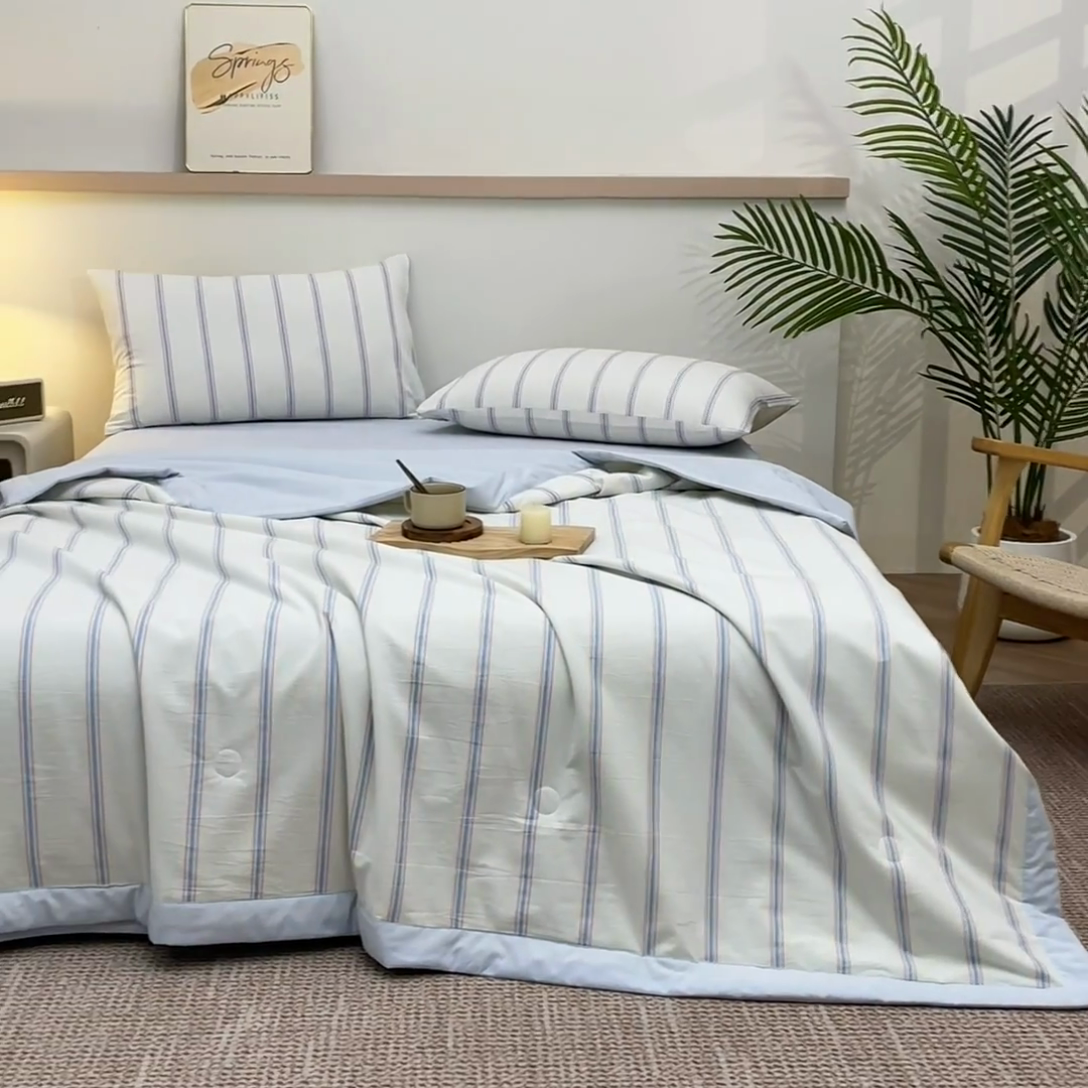 91家纺网 家纺一手货源 找家纺 吾诺 2025 全棉色织水洗棉夏被大豆夏被四件套被子被芯空调被夏凉被 新彩条