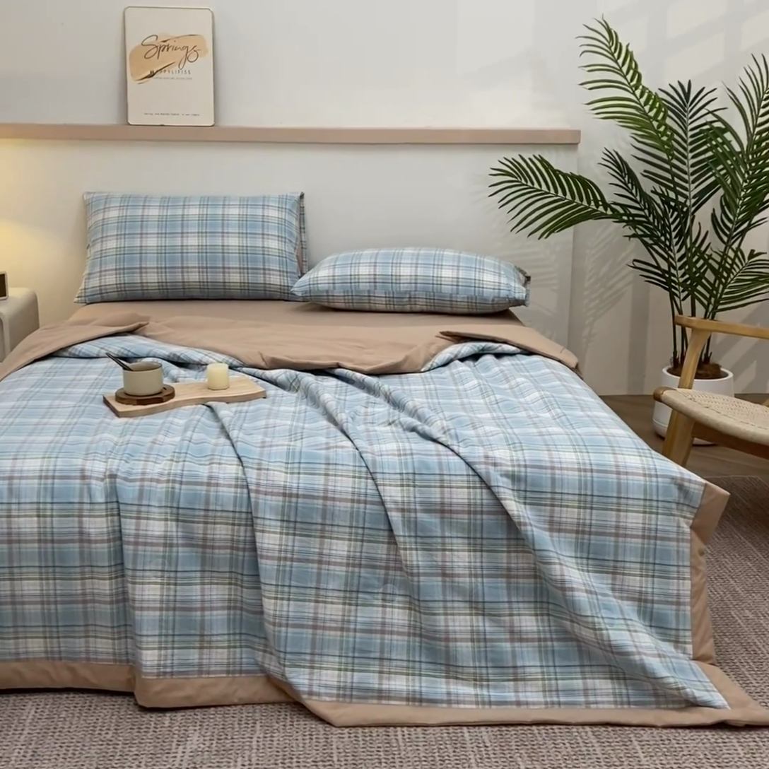 91家纺网 家纺一手货源 找家纺 吾诺 2025 全棉色织水洗棉夏被大豆夏被四件套被子被芯空调被夏凉被 晴空兰