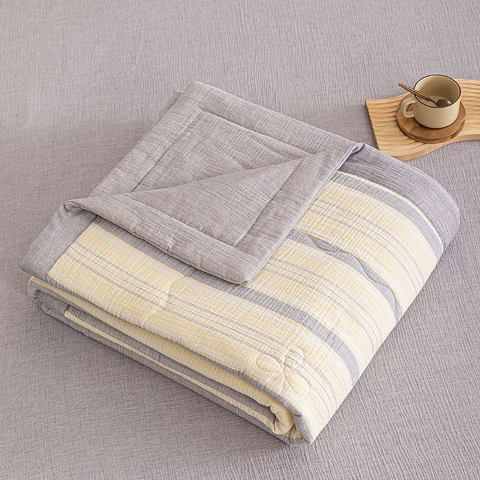 91家纺网 家纺一手货源 找家纺 吾诺 2025 全棉色织泡泡棉双层纱夏被大豆夏被全棉夏被四件套被子被芯 黄粉条