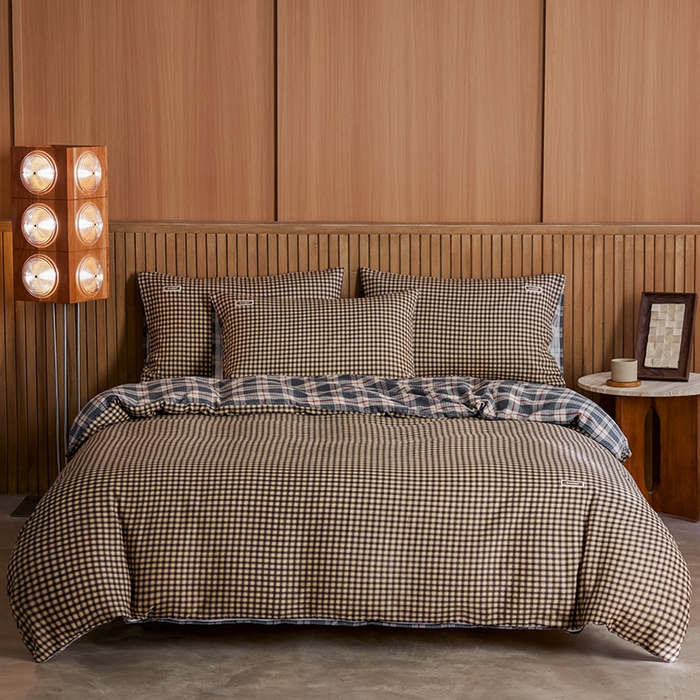 91家纺网 家纺一手货源 找家纺 安莱生活 2025 全棉双层纱苏格兰格纹系列四件套 小米格