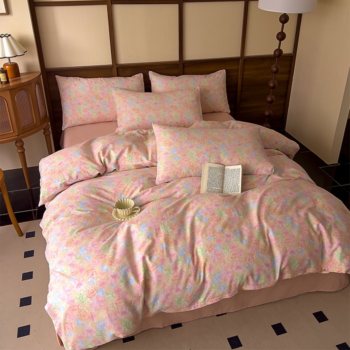 91家纺网 家纺一手货源 找家纺 优品阁  2025新款A类全棉有氧双层纱四件套 绯色花间