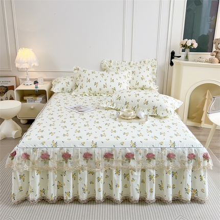 十个点 2025新款全棉纯棉蕾丝花边床裙四件套 国色天香