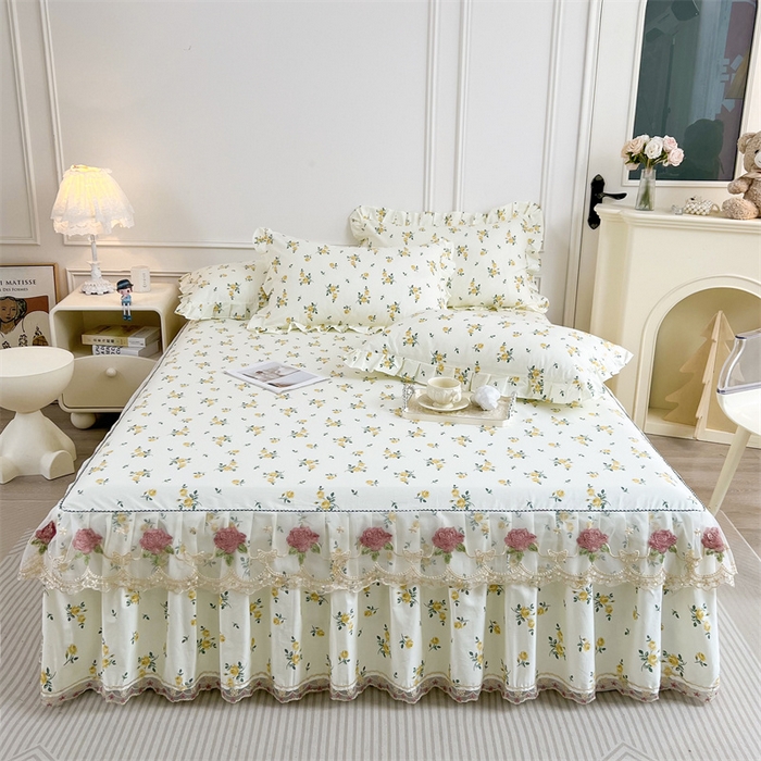 91家纺网 家纺一手货源 找家纺 十个点 2025新款全棉纯棉蕾丝花边床裙四件套 国色天香