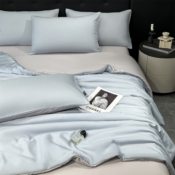 91家纺网 家纺一手货源 找家纺 金鹰 2025新款A类莱赛尔50天丝拼色空调被大豆夏被四件套 天蓝