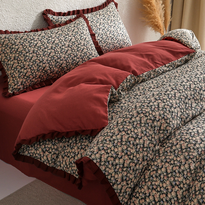 91家纺网 家纺一手货源 找家纺 2025新款A类纯棉双层纱皱皱纱花边四件套（复古风） 虞美人