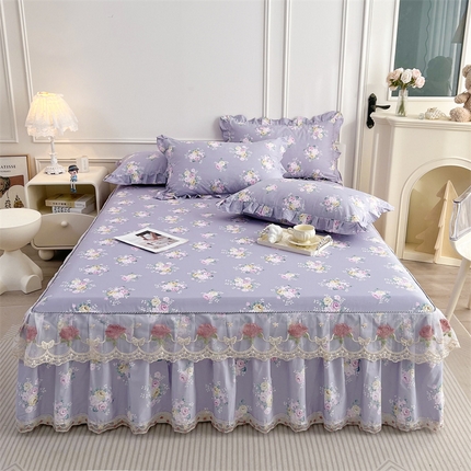 十个点 2025新款全棉纯棉蕾丝花边床裙四件套 花苒-紫