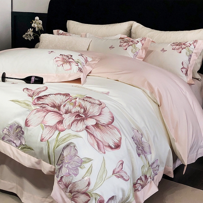 91家纺网 家纺一手货源 找家纺 2025新款全棉50s绣花刺绣款四件套 雯棠-粉