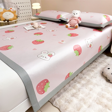 雯豆2025夏季新品冰藤印花凉席三件套平铺绑带款冰丝凉席三件套 冰藤席-绑带款-草莓兔