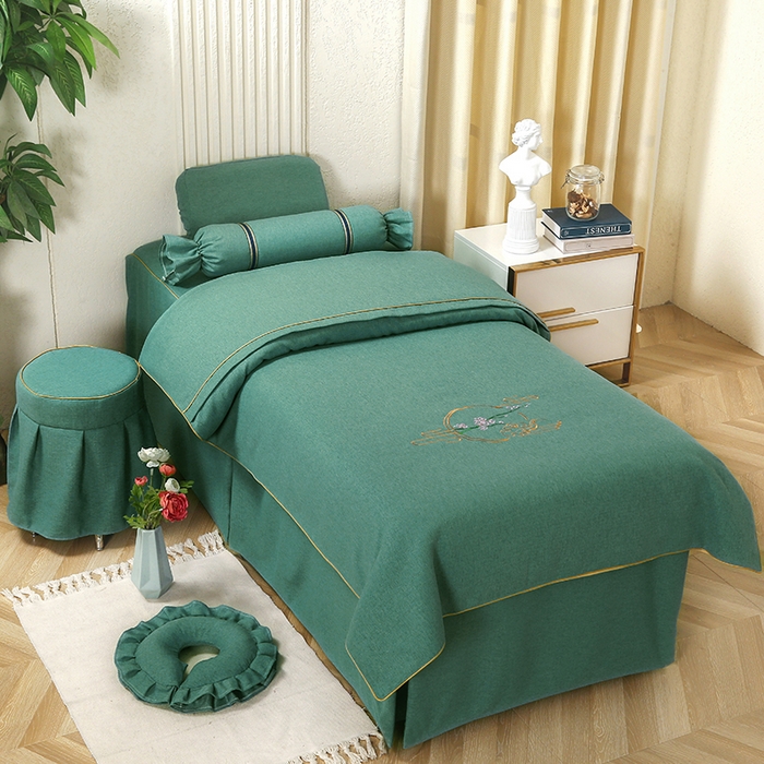 91家纺网 家纺一手货源 找家纺 芙怡 2025春夏新款8023款棉麻绒美 容床罩-花颜系列 花颜-墨绿