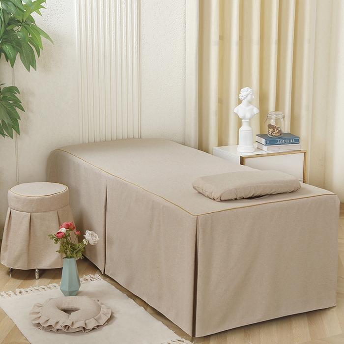 91家纺网 家纺一手货源 找家纺 芙怡 2025春夏新款8023款棉麻绒美 容床罩-花颜系列 花颜-米黄