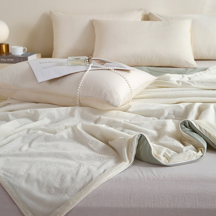 91家纺网 家纺一手货源 找家纺 品乐家纺 2025新款凉感A类可水洗抗菌冰冰被夏被夏凉被空调被被子被芯 冰冰被米纹+绿