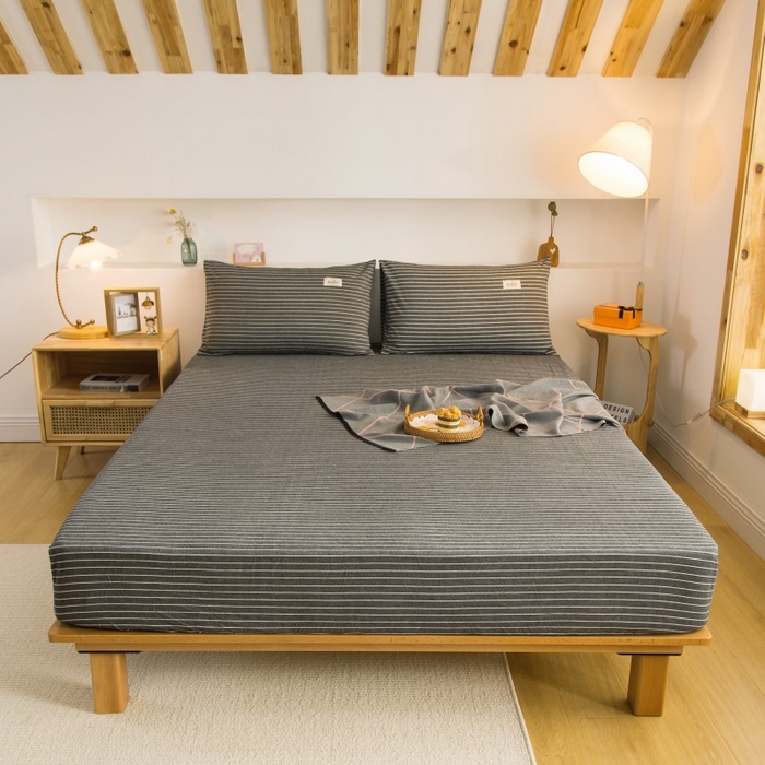 91家纺网 家纺一手货源 找家纺 柠萌家居 2025新款A类全棉色织水洗棉单床笠 中条纹深灰