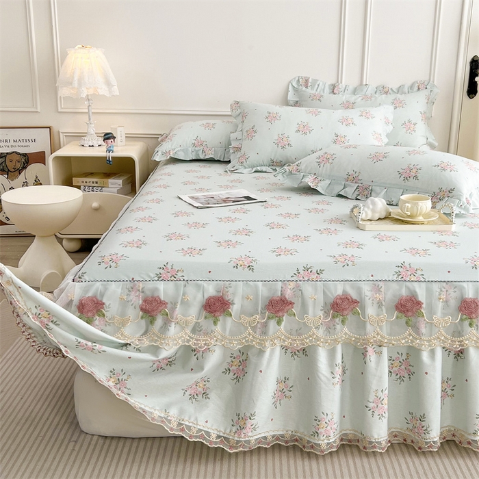 91家纺网 家纺一手货源 找家纺  十个点 2025新款全棉纯棉蕾丝花边床裙 嫣语-兰