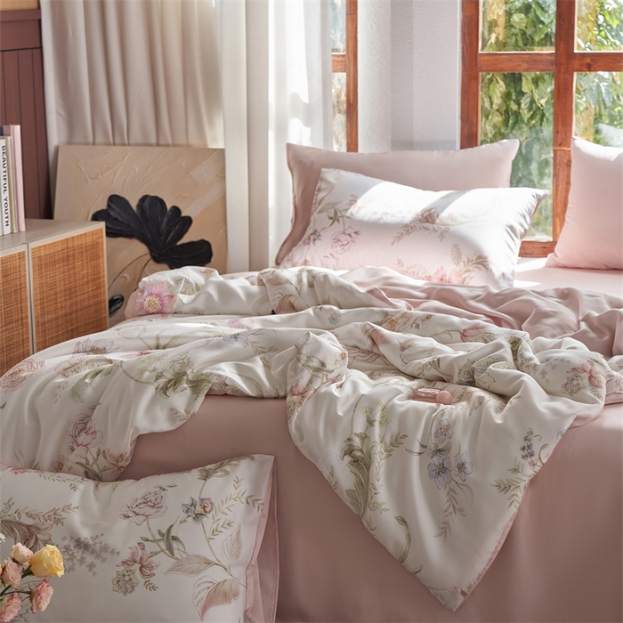 91家纺网 家纺一手货源 找家纺 时年家纺 2025新款莱赛尔天丝印花系列四件套春日落樱