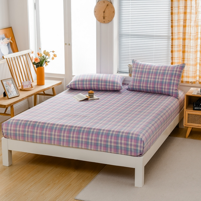 91家纺网 家纺一手货源 找家纺 柠萌家居 2025新款A类全棉色织水洗棉单床笠 简爱紫格