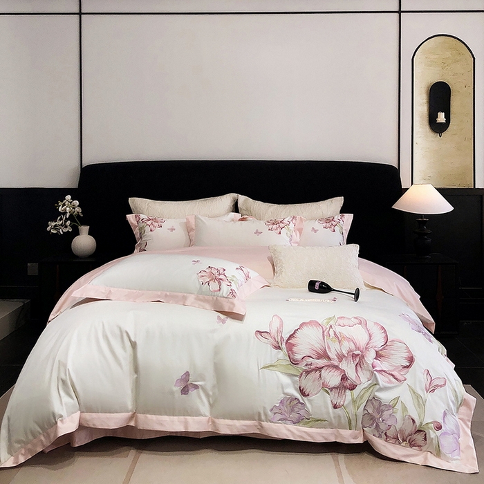 91家纺网 家纺一手货源 找家纺 2025新款全棉50s绣花刺绣款四件套 雯棠-粉