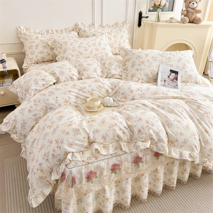 91家纺网 家纺一手货源 找家纺 十个点 2025新款全棉纯棉蕾丝花边床裙四件套 花小莱-粉