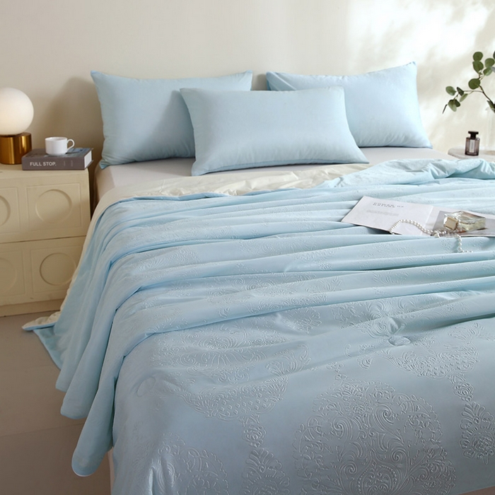 91家纺网 家纺一手货源 找家纺 品乐家纺 2025新款凉感A类可水洗抗菌冰冰被夏被夏凉被空调被被子被芯 冰冰被蓝纹+米