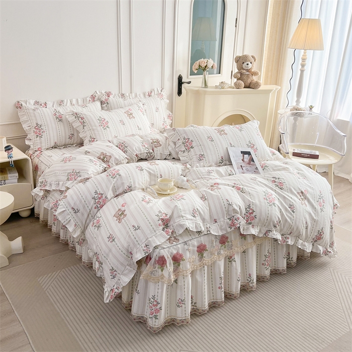 91家纺网 家纺一手货源 找家纺 十个点 2025新款全棉纯棉蕾丝花边床裙四件套 米朵熊