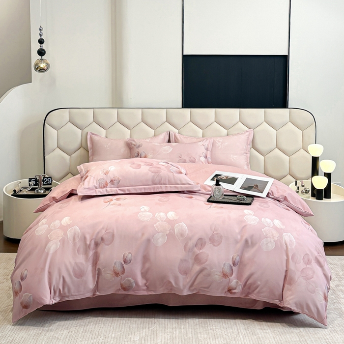 91家纺网 家纺一手货源 找家纺 2025年新款全棉长绒棉数码印花四件套 桐叶梦-粉