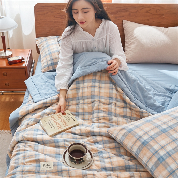 91家纺网 家纺一手货源 找家纺 2025新款A类纯棉水洗棉色织棉花夏被四件套全棉空调被夏凉被 云舒-咖