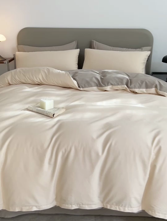 91家纺网 家纺一手货源 找家纺 2025年纯色双拼60支纯棉被套 奶白+岩石灰